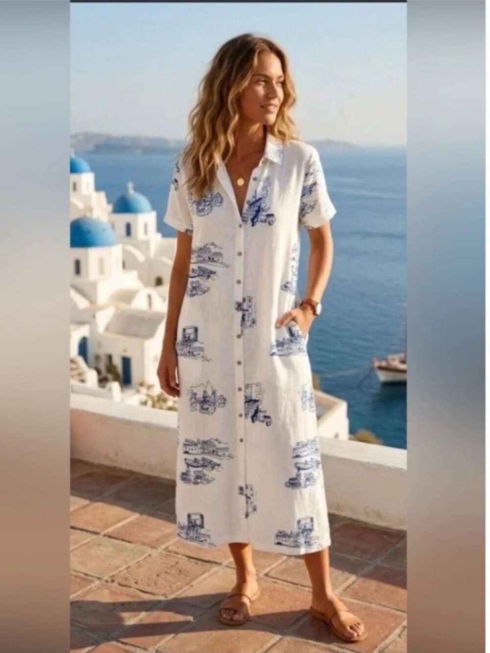 NWOT C&C California Linen Blend Italian City Print Maxi Shirt Dress with Pockets